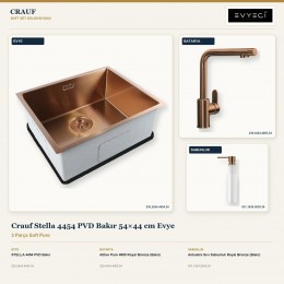 Crauf Stella 4454 PVD Bakır 54×44 cm Evye + Attivo Pure 4065 Batarya + Aynı Renk Sabunluk | 3 Parça Soft Pure