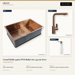 Crauf Stella 4460 PVD Bakır 60×44 cm Evye + Attivo Pure 4065 Batarya + Aynı Renk Sabunluk | 3 Parça Soft Pure
