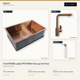 Crauf Stella 4465 PVD Bakır 65×44 cm Evye + Attivo Pure 4065 Batarya + Aynı Renk Sabunluk | 3 Parça Soft Pure