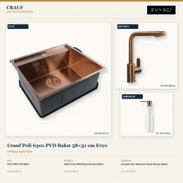 Crauf Poli 6301 PVD Bakır 58×51 cm Evye + Attivo Pure 4065 Batarya + Aynı Renk Sabunluk | 3 Parça Soft Pure