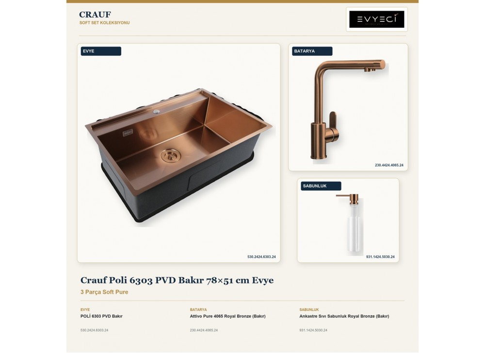 Crauf Poli 6303 PVD Bakır 78×51 cm Evye + Attivo Pure 4065 Batarya + Aynı Renk Sabunluk | 3 Parça Soft Pure Crauf Poli 6303 PVD Bakır 78×51 cm Evye + Attivo Pure 4065 Batarya + Aynı Renk Sabunluk | 3 Parça Soft Pure