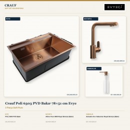 Crauf Poli 6303 PVD Bakır 78×51 cm Evye + Attivo Pure 4065 Batarya + Aynı Renk Sabunluk | 3 Parça Soft Pure