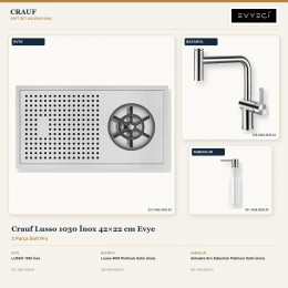 Crauf Lusso 1030 İnox 42×22 cm Evye + Lusso 4035 Batarya + Aynı Renk Sabunluk | 3 Parça Soft Pro