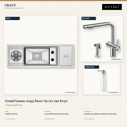 Crauf Lusso 1035 İnox 79×27 cm Evye + Lusso 4040 Batarya + Aynı Renk Sabunluk | 3 Parça Soft Pure