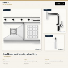Crauf Lusso 1056 İnox 86×48 cm Evye + Lusso 4035 Batarya + Aynı Renk Sabunluk | 3 Parça Soft Pro