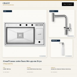 Crauf Lusso 1060 İnox 86×49 cm Evye + Lusso 4035 Batarya + Aynı Renk Sabunluk | 3 Parça Soft Pro