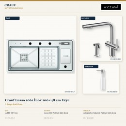 Crauf Lusso 1061 İnox 100×48 cm Evye + Lusso 4040 Batarya + Aynı Renk Sabunluk | 3 Parça Soft Pure