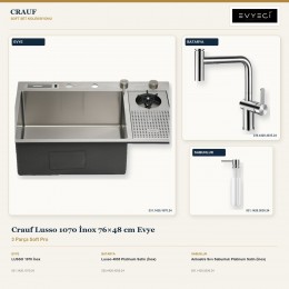Crauf Lusso 1070 İnox 76×48 cm Evye + Lusso 4035 Batarya + Aynı Renk Sabunluk | 3 Parça Soft Pro