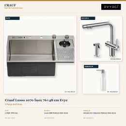 Crauf Lusso 1070 İnox 76×48 cm Evye + Lusso 4040 Batarya + Aynı Renk Sabunluk | 3 Parça Soft Pure