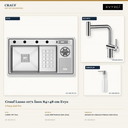 Crauf Lusso 1071 İnox 84×48 cm Evye + Lusso 4035 Batarya + Aynı Renk Sabunluk | 3 Parça Soft Pro