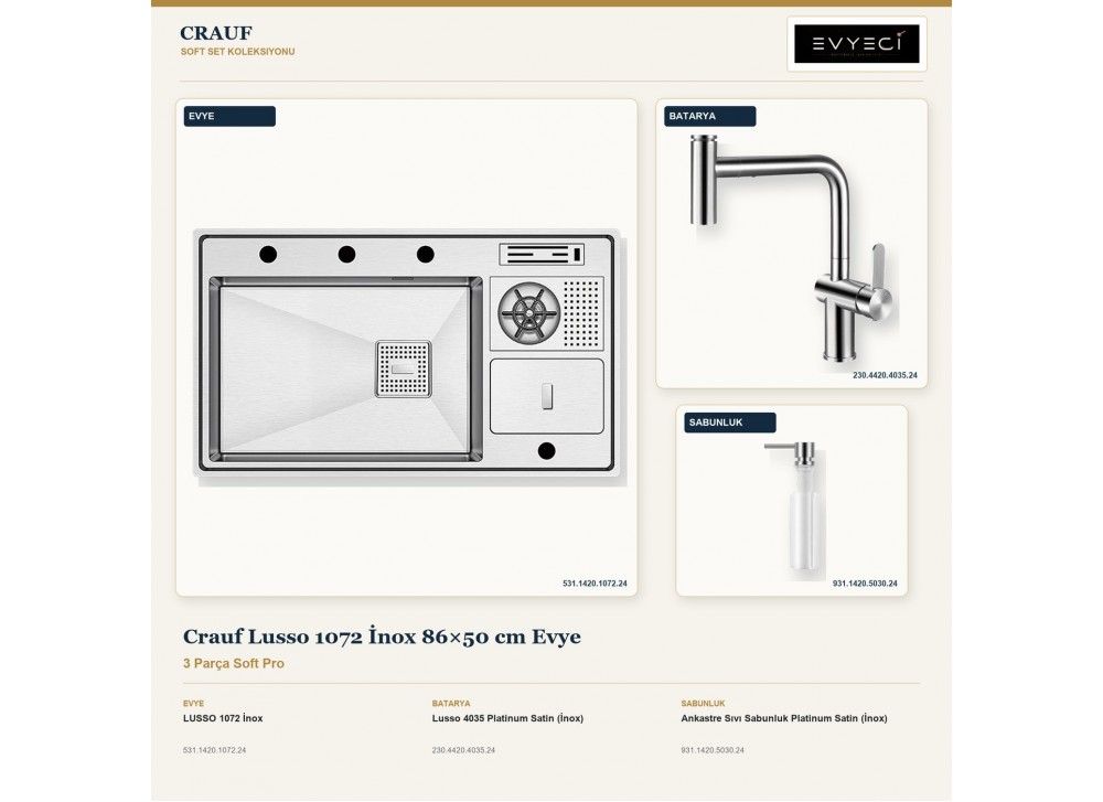 Crauf Lusso 1072 İnox 86×50 cm Evye + Lusso 4035 Batarya + Aynı Renk Sabunluk | 3 Parça Soft Pro