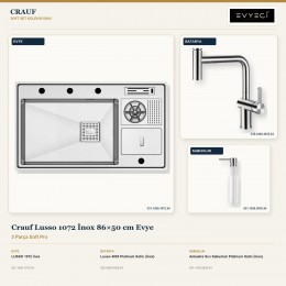 Crauf Lusso 1072 İnox 86×50 cm Evye + Lusso 4035 Batarya + Aynı Renk Sabunluk | 3 Parça Soft Pro