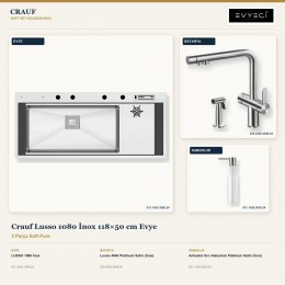 Crauf Lusso 1080 İnox 118×50 cm Evye + Lusso 4040 Batarya + Aynı Renk Sabunluk | 3 Parça Soft Pure