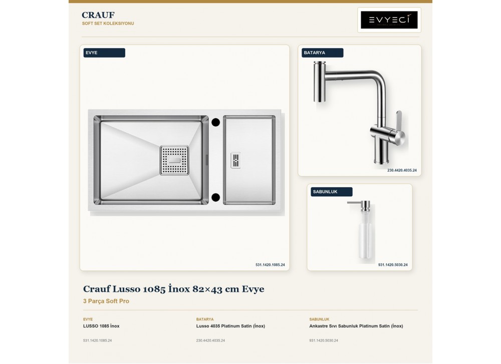 Crauf Lusso 1085 İnox 82×43 cm Evye + Lusso 4035 Batarya + Aynı Renk Sabunluk | 3 Parça Soft Pro Crauf Lusso 1085 İnox 82×43 cm Evye + Lusso 4035 Batarya + Aynı Renk Sabunluk | 3 Parça Soft Pro