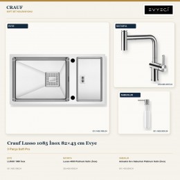 Crauf Lusso 1085 İnox 82×43 cm Evye + Lusso 4035 Batarya + Aynı Renk Sabunluk | 3 Parça Soft Pro