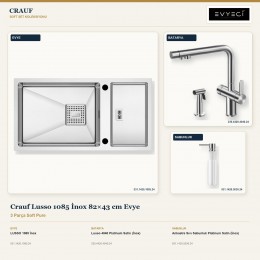 Crauf Lusso 1085 İnox 82×43 cm Evye + Lusso 4040 Batarya + Aynı Renk Sabunluk | 3 Parça Soft Pure