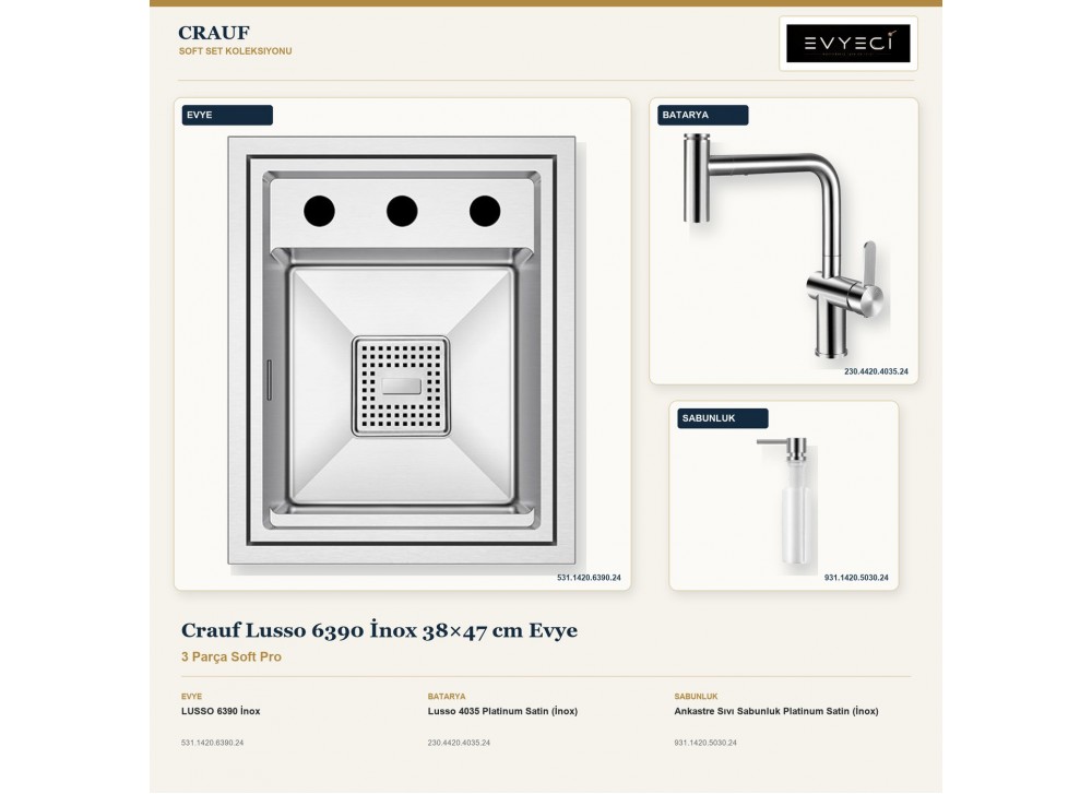 Crauf Lusso 6390 İnox 38×47 cm Evye + Lusso 4035 Batarya + Aynı Renk Sabunluk | 3 Parça Soft Pro Crauf Lusso 6390 İnox 38×47 cm Evye + Lusso 4035 Batarya + Aynı Renk Sabunluk | 3 Parça Soft Pro