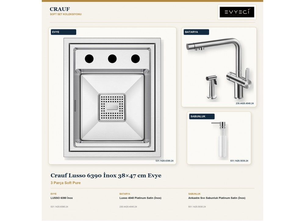 Crauf Lusso 6390 İnox 38×47 cm Evye + Lusso 4040 Batarya + Aynı Renk Sabunluk | 3 Parça Soft Pure Crauf Lusso 6390 İnox 38×47 cm Evye + Lusso 4040 Batarya + Aynı Renk Sabunluk | 3 Parça Soft Pure