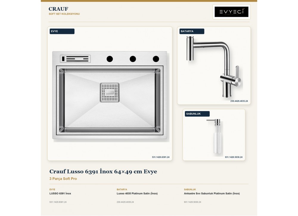 Crauf Lusso 6391 İnox 64×49 cm Evye + Lusso 4035 Batarya + Aynı Renk Sabunluk | 3 Parça Soft Pro Crauf Lusso 6391 İnox 64×49 cm Evye + Lusso 4035 Batarya + Aynı Renk Sabunluk | 3 Parça Soft Pro