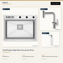 Crauf Lusso 6391 İnox 64×49 cm Evye + Lusso 4035 Batarya + Aynı Renk Sabunluk | 3 Parça Soft Pro