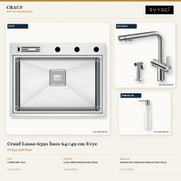Crauf Lusso 6391 İnox 64×49 cm Evye + Lusso 4040 Batarya + Aynı Renk Sabunluk | 3 Parça Soft Pure