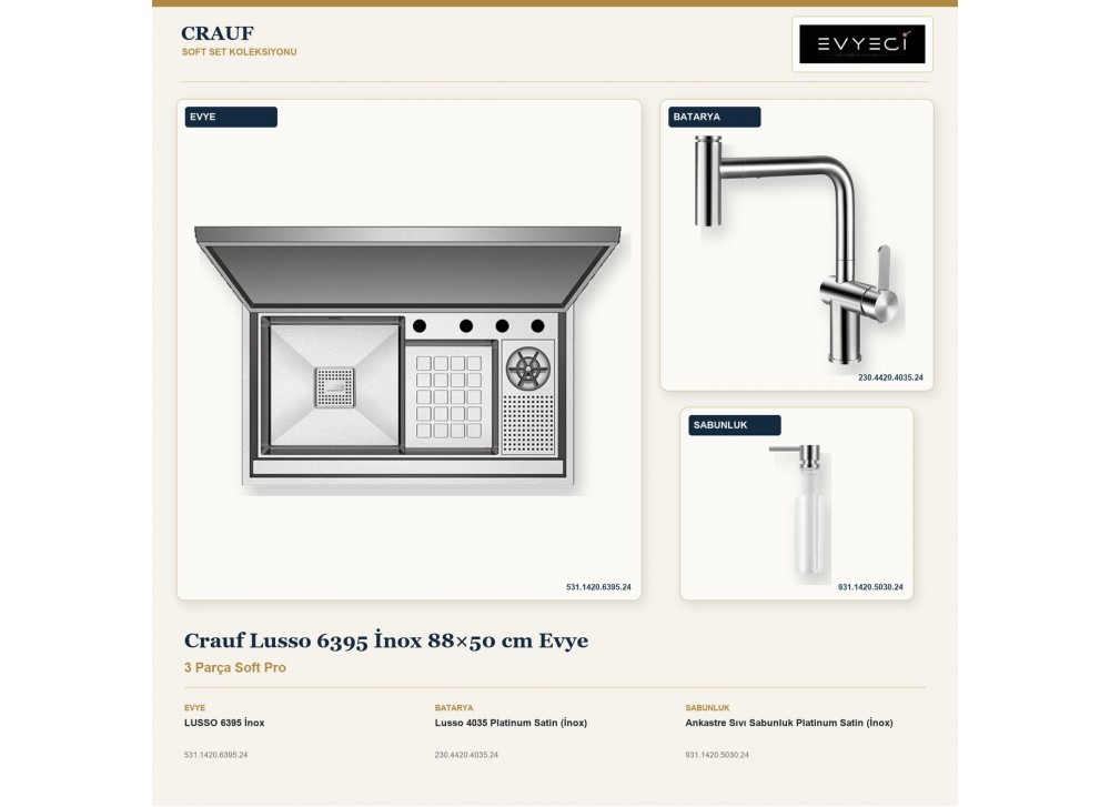 Crauf Lusso 6395 İnox 88×50 cm Evye + Lusso 4035 Batarya + Aynı Renk Sabunluk | 3 Parça Soft Pro Crauf Lusso 6395 İnox 88×50 cm Evye + Lusso 4035 Batarya + Aynı Renk Sabunluk | 3 Parça Soft Pro