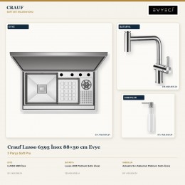 Crauf Lusso 6395 İnox 88×50 cm Evye + Lusso 4035 Batarya + Aynı Renk Sabunluk | 3 Parça Soft Pro