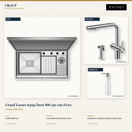 Crauf Lusso 6395 İnox 88×50 cm Evye + Lusso 4040 Batarya + Aynı Renk Sabunluk | 3 Parça Soft Pure