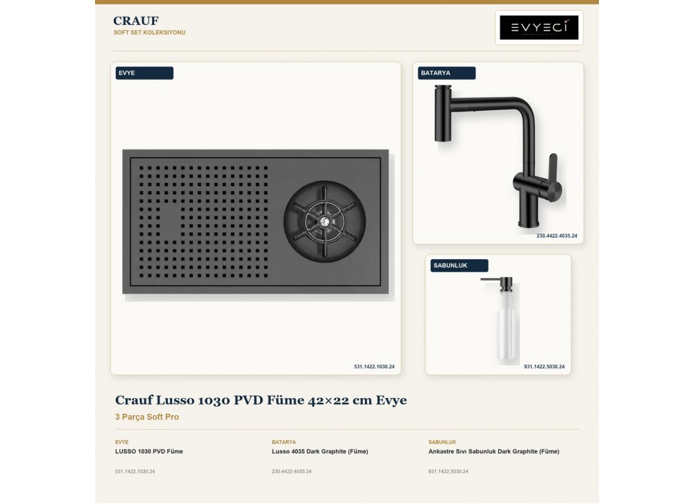 Crauf Lusso 1030 PVD Füme 42×22 cm Evye + Lusso 4035 Batarya + Aynı Renk Sabunluk | 3 Parça Soft Pro Crauf Lusso 1030 PVD Füme 42×22 cm Evye + Lusso 4035 Batarya + Aynı Renk Sabunluk | 3 Parça Soft Pro