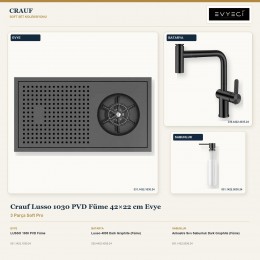 Crauf Lusso 1030 PVD Füme 42×22 cm Evye + Lusso 4035 Batarya + Aynı Renk Sabunluk | 3 Parça Soft Pro