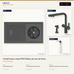 Crauf Lusso 1030 PVD Füme 42×22 cm Evye + Lusso 4040 Batarya + Aynı Renk Sabunluk | 3 Parça Soft Pure