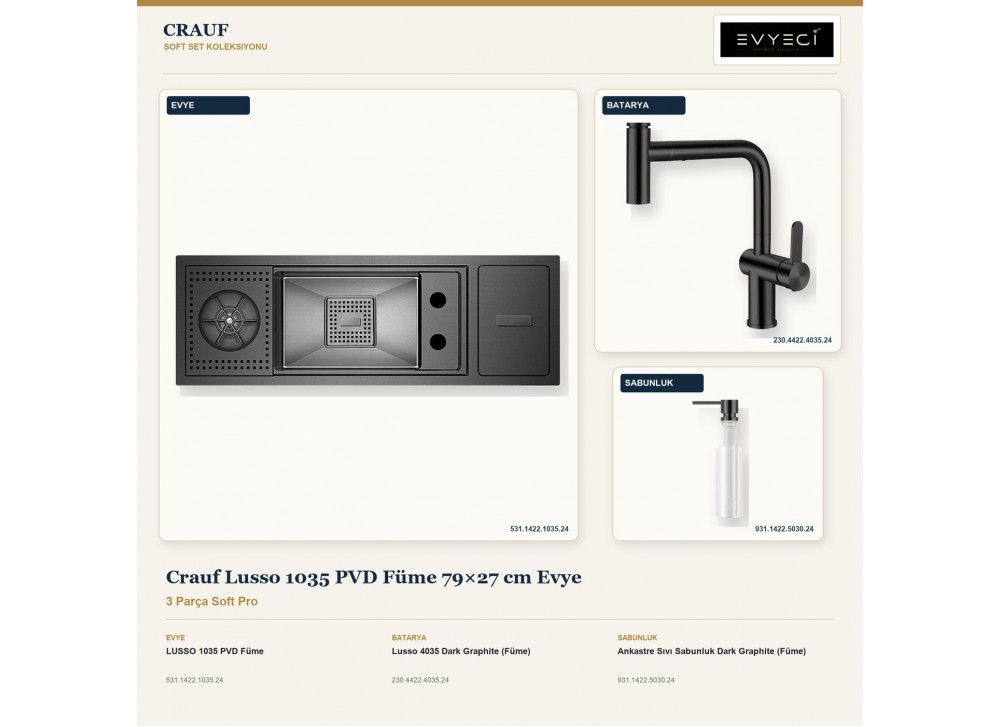 Crauf Lusso 1035 PVD Füme 79×27 cm Evye + Lusso 4035 Batarya + Aynı Renk Sabunluk | 3 Parça Soft Pro