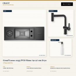 Crauf Lusso 1035 PVD Füme 79×27 cm Evye + Lusso 4035 Batarya + Aynı Renk Sabunluk | 3 Parça Soft Pro