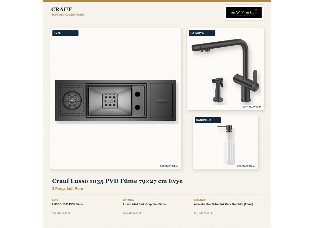 Crauf Lusso 1035 PVD Füme 79×27 cm Evye + Lusso 4040 Batarya + Aynı Renk Sabunluk | 3 Parça Soft Pure