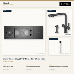 Crauf Lusso 1035 PVD Füme 79×27 cm Evye + Lusso 4040 Batarya + Aynı Renk Sabunluk | 3 Parça Soft Pure