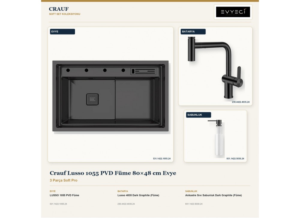 Crauf Lusso 1055 PVD Füme 80×48 cm Evye + Lusso 4035 Batarya + Aynı Renk Sabunluk | 3 Parça Soft Pro Crauf Lusso 1055 PVD Füme 80×48 cm Evye + Lusso 4035 Batarya + Aynı Renk Sabunluk | 3 Parça Soft Pro