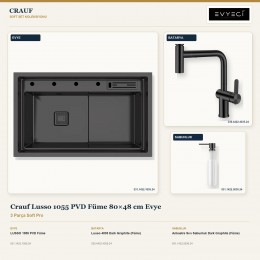 Crauf Lusso 1055 PVD Füme 80×48 cm Evye + Lusso 4035 Batarya + Aynı Renk Sabunluk | 3 Parça Soft Pro