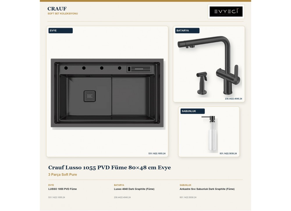 Crauf Lusso 1055 PVD Füme 80×48 cm Evye + Lusso 4040 Batarya + Aynı Renk Sabunluk | 3 Parça Soft Pure Crauf Lusso 1055 PVD Füme 80×48 cm Evye + Lusso 4040 Batarya + Aynı Renk Sabunluk | 3 Parça Soft Pure