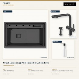 Crauf Lusso 1055 PVD Füme 80×48 cm Evye + Lusso 4040 Batarya + Aynı Renk Sabunluk | 3 Parça Soft Pure