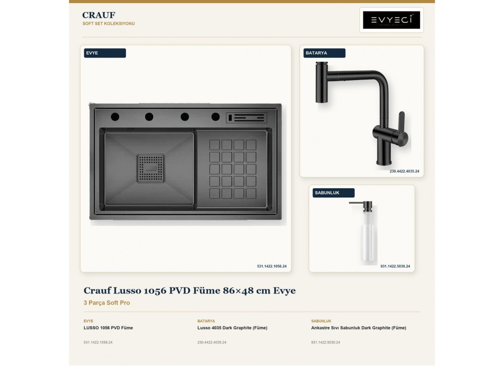 Crauf Lusso 1056 PVD Füme 86×48 cm Evye + Lusso 4035 Batarya + Aynı Renk Sabunluk | 3 Parça Soft Pro Crauf Lusso 1056 PVD Füme 86×48 cm Evye + Lusso 4035 Batarya + Aynı Renk Sabunluk | 3 Parça Soft Pro