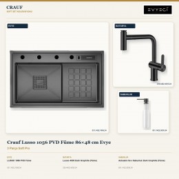 Crauf Lusso 1056 PVD Füme 86×48 cm Evye + Lusso 4035 Batarya + Aynı Renk Sabunluk | 3 Parça Soft Pro