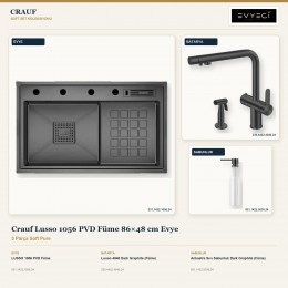 Crauf Lusso 1056 PVD Füme 86×48 cm Evye + Lusso 4040 Batarya + Aynı Renk Sabunluk | 3 Parça Soft Pure