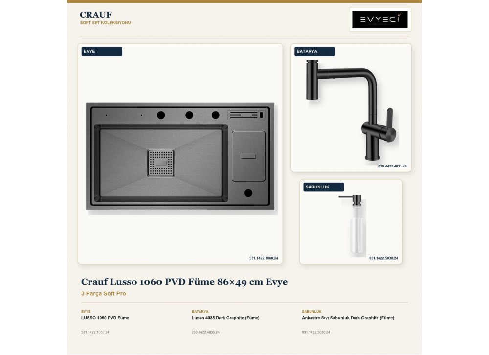 Crauf Lusso 1060 PVD Füme 86×49 cm Evye + Lusso 4035 Batarya + Aynı Renk Sabunluk | 3 Parça Soft Pro Crauf Lusso 1060 PVD Füme 86×49 cm Evye + Lusso 4035 Batarya + Aynı Renk Sabunluk | 3 Parça Soft Pro