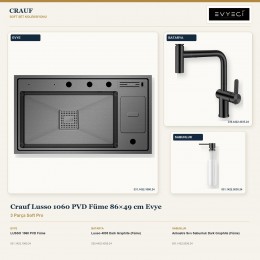 Crauf Lusso 1060 PVD Füme 86×49 cm Evye + Lusso 4035 Batarya + Aynı Renk Sabunluk | 3 Parça Soft Pro