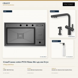 Crauf Lusso 1060 PVD Füme 86×49 cm Evye + Lusso 4040 Batarya + Aynı Renk Sabunluk | 3 Parça Soft Pure