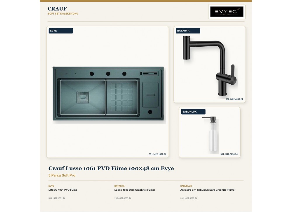 Crauf Lusso 1061 PVD Füme 100×48 cm Evye + Lusso 4035 Batarya + Aynı Renk Sabunluk | 3 Parça Soft Pro