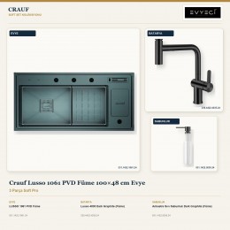 Crauf Lusso 1061 PVD Füme 100×48 cm Evye + Lusso 4035 Batarya + Aynı Renk Sabunluk | 3 Parça Soft Pro