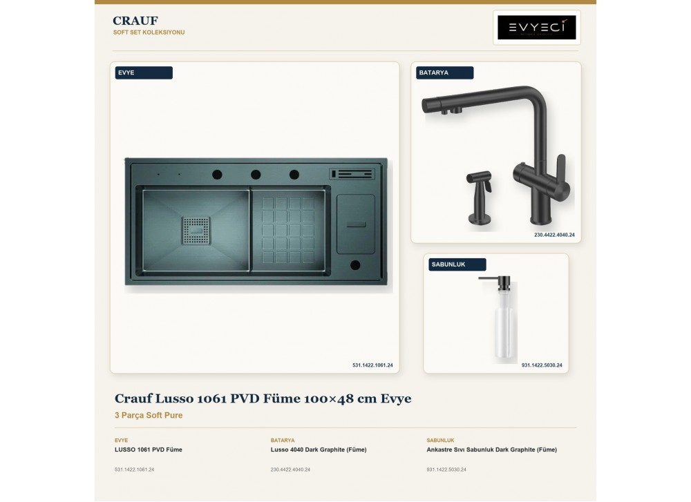 Crauf Lusso 1061 PVD Füme 100×48 cm Evye + Lusso 4040 Batarya + Aynı Renk Sabunluk | 3 Parça Soft Pure Crauf Lusso 1061 PVD Füme 100×48 cm Evye + Lusso 4040 Batarya + Aynı Renk Sabunluk | 3 Parça Soft Pure