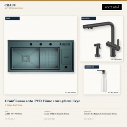 Crauf Lusso 1061 PVD Füme 100×48 cm Evye + Lusso 4040 Batarya + Aynı Renk Sabunluk | 3 Parça Soft Pure