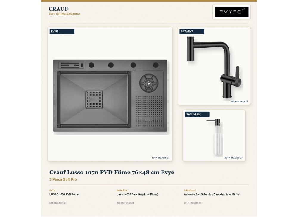 Crauf Lusso 1070 PVD Füme 76×48 cm Evye + Lusso 4035 Batarya + Aynı Renk Sabunluk | 3 Parça Soft Pro Crauf Lusso 1070 PVD Füme 76×48 cm Evye + Lusso 4035 Batarya + Aynı Renk Sabunluk | 3 Parça Soft Pro
